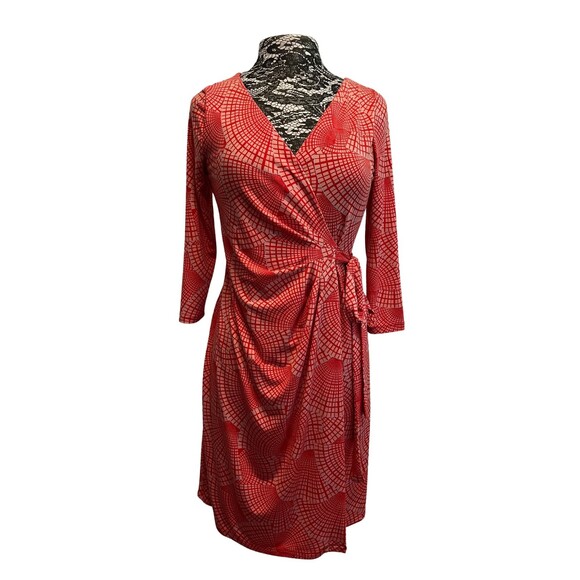 Pea in the Pod Maternity Wrap Dress Red White Geometric V-Neck‎ 3/4 Sleeves XS - Picture 2 of 15